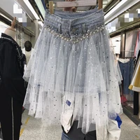summer 2021 new denim skirt womens skirt tide heavy work nail beads stitched mesh yarn star sequin fairy semi skirt