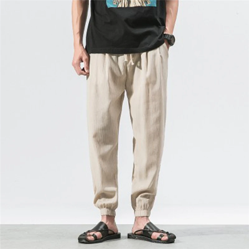 

Summer Men Pants Solid Color Pocket Lace Up Breathable Autumn Male Thin Harem Pants Loose Simple Trousers