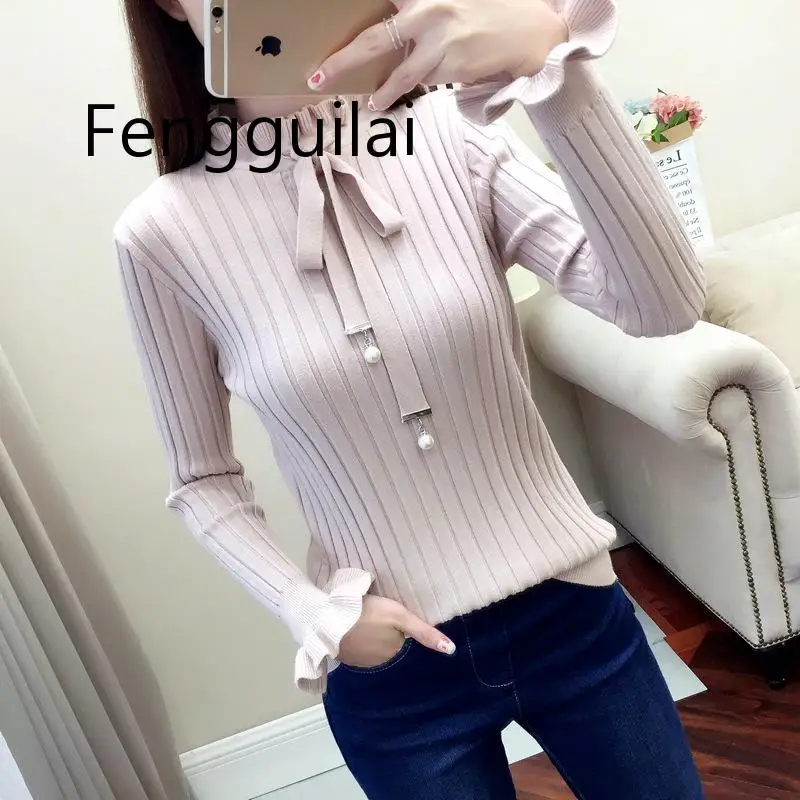 

Korean Slim Knitted Sweater Female Vintage Lace Up Ruffle Knitting Pullover Flare Long Sleeve Winter Sweater Women Pullovers