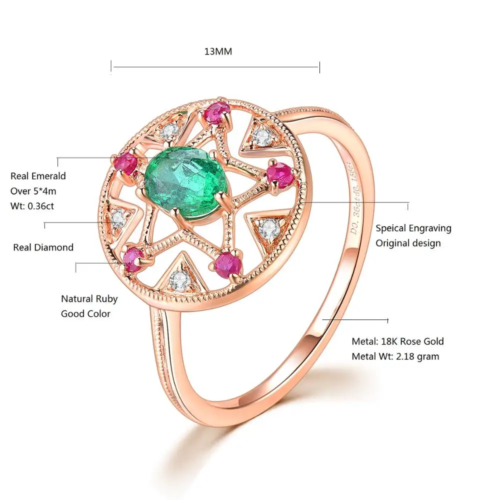 Кольцо обручальное с натуральным Изумрудом и настоящим Рубином для женщин |