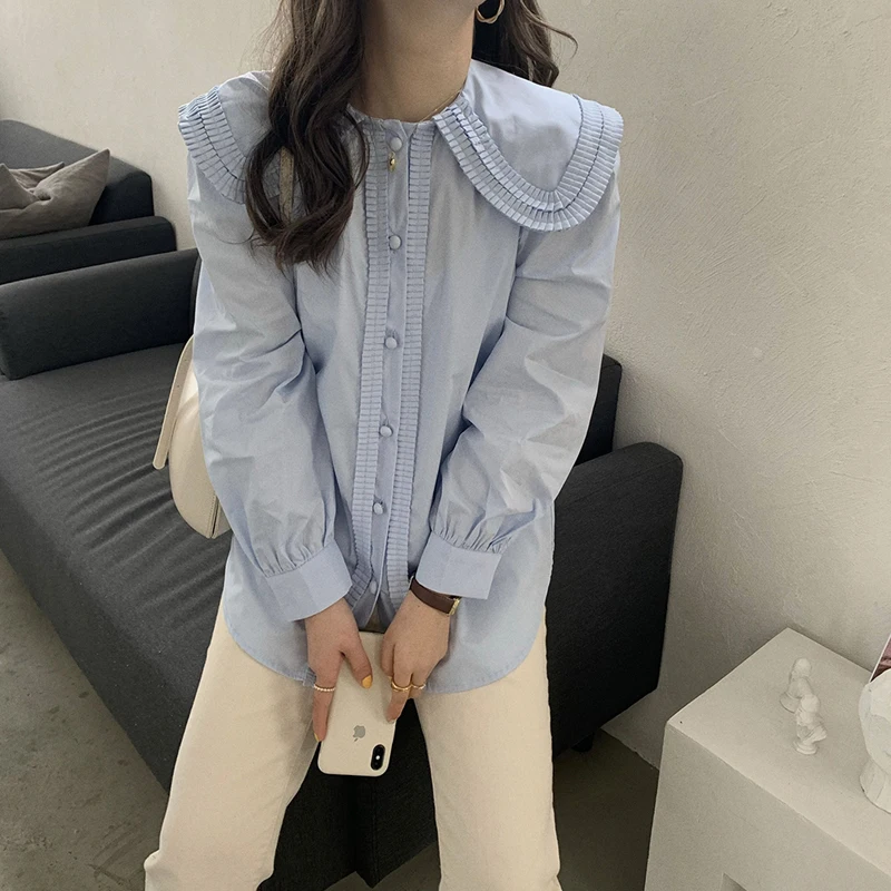 

Women Chic 2021 Shirt Spring Retro Gentle Pleated Peter Pan Collar Long Sleeves Elegance Blouse Female Short Tops