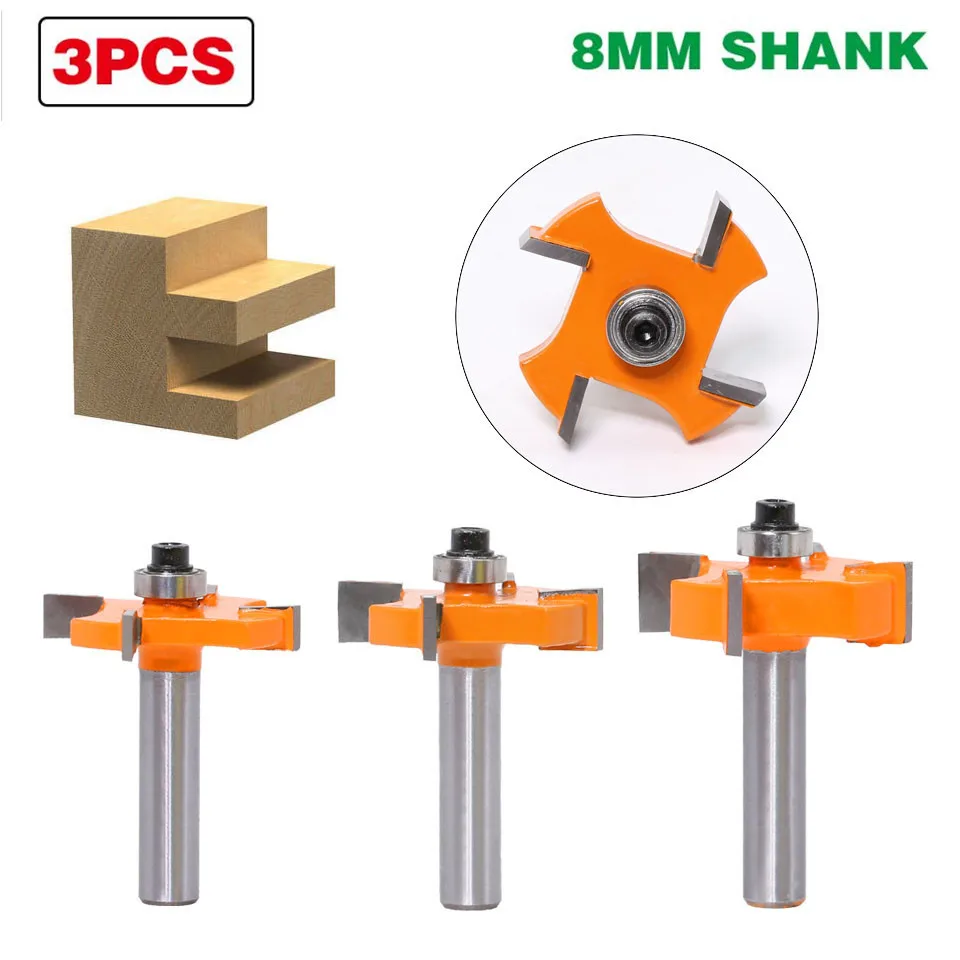 3 шт./компл. 8 мм хвостовик Rabbeting T слот фрезерный резак с подшипниками
