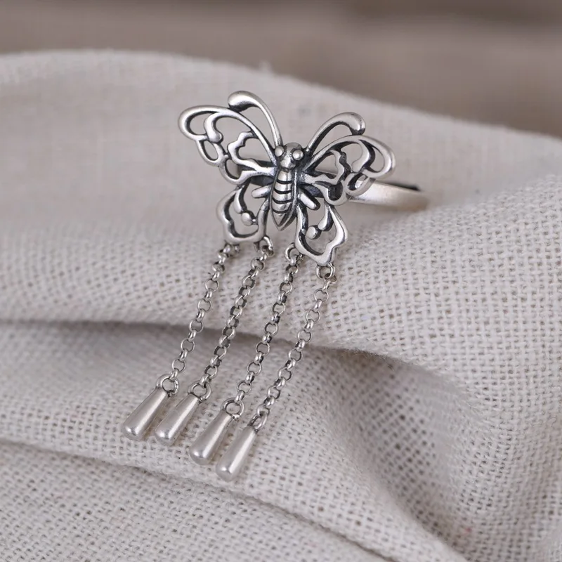 

Sterling Silver Ring Butterfly Ring S925 Silver Vintage Silver Jewelry Opening Tassle Fashion Personalized Index Finger Ring Jew