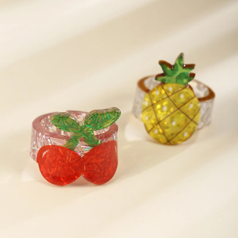 

Cute Sequin Resin Cherry Pineapple Adjustable Opening Fruit Rings For Girls Womens Ring Christmas Gift Party Jewelry Sets