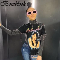 bomblook casual fashion womens printed tops 2021 o neck short sleeve irregularity crop tops female streetwears