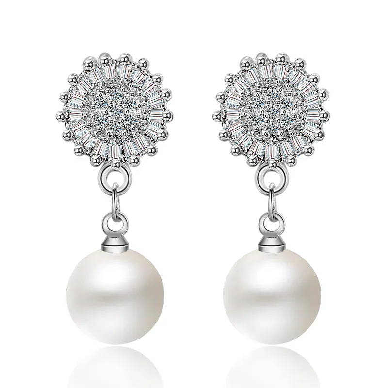 

100% 925 Sterling Silver Super Shine CZ Zircon Sunflower Pearl Female Tassel Stud Earrings Jewelry Women Wholesale Gift Cheap