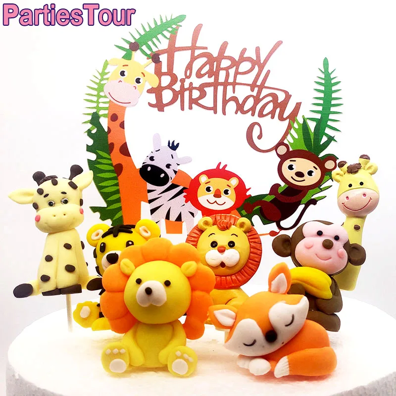 

Jungle Safari Animals Giraffe Lion Fox Decors Monkey Cake Toppers for Children's Day Party Baby Happy Birthday Supplies Gifts