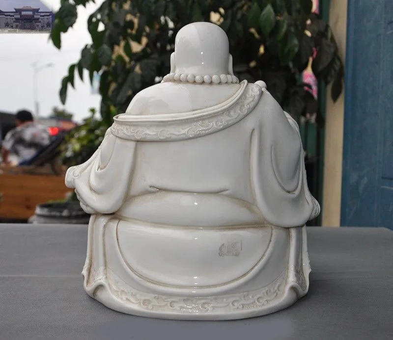 

christmas 12"Chinese Temple Dehua White porcelain Lotus Base Wealth Maitreya Buddha Statue halloween