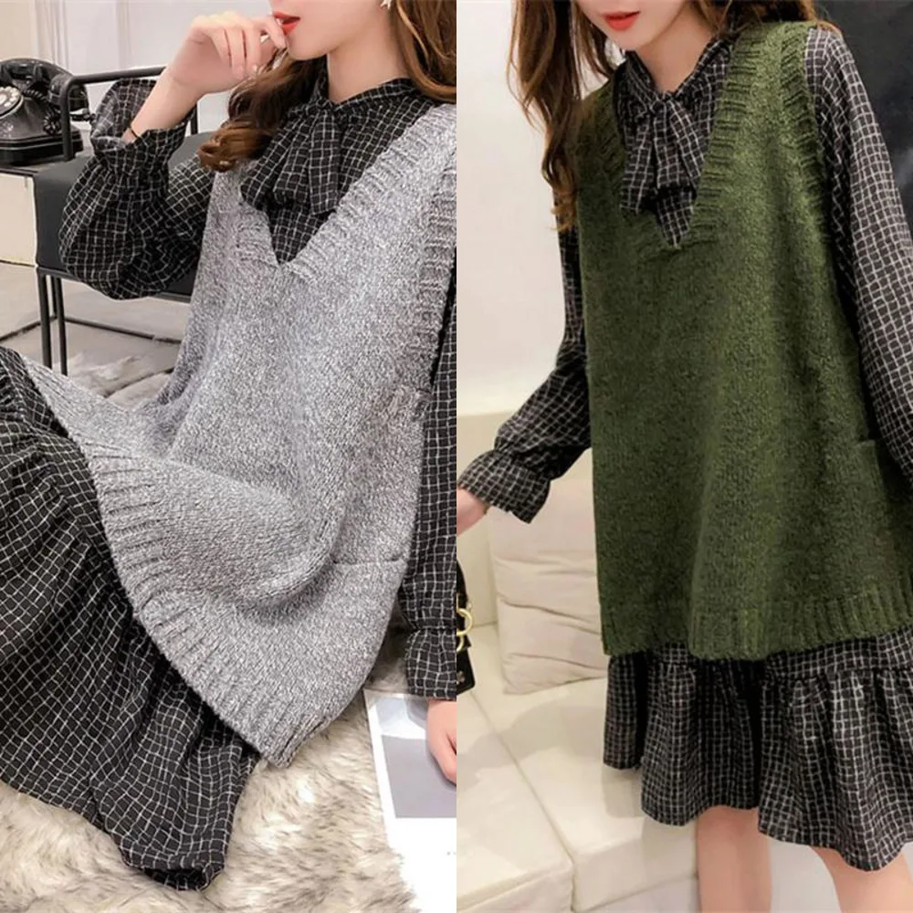 

Women Spring Autumn Clothing Sets Fashion Female Elegant Long Slim Knitted Vest And Plaid Chiffon Dress Two-piece Sets R168