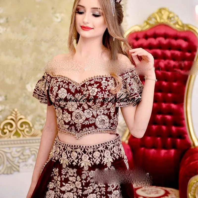 ball gown dress Two Pieces Albanian Prom Dress A Line 2021 Velvet Appliqued Lace Arabic Evening Dress Abendkleider robe de soirée de mariage hot pink prom dress