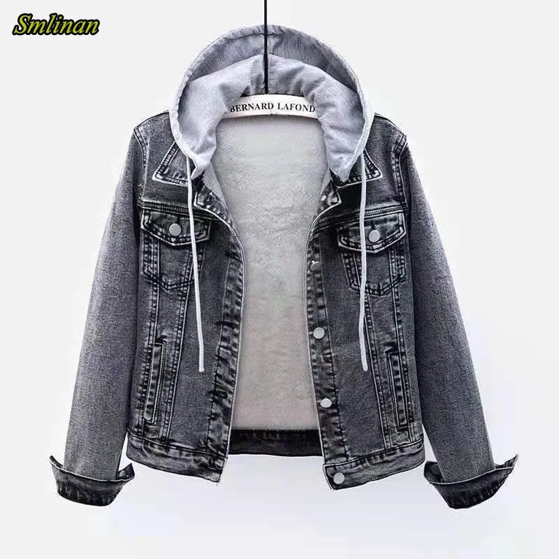 

Smlinan, осенне-зимняя Плотная хлопковая стеганая джинсовая куртка, женские однобортные повседневные джинсы с капюшоном, пальто для женщин раз...