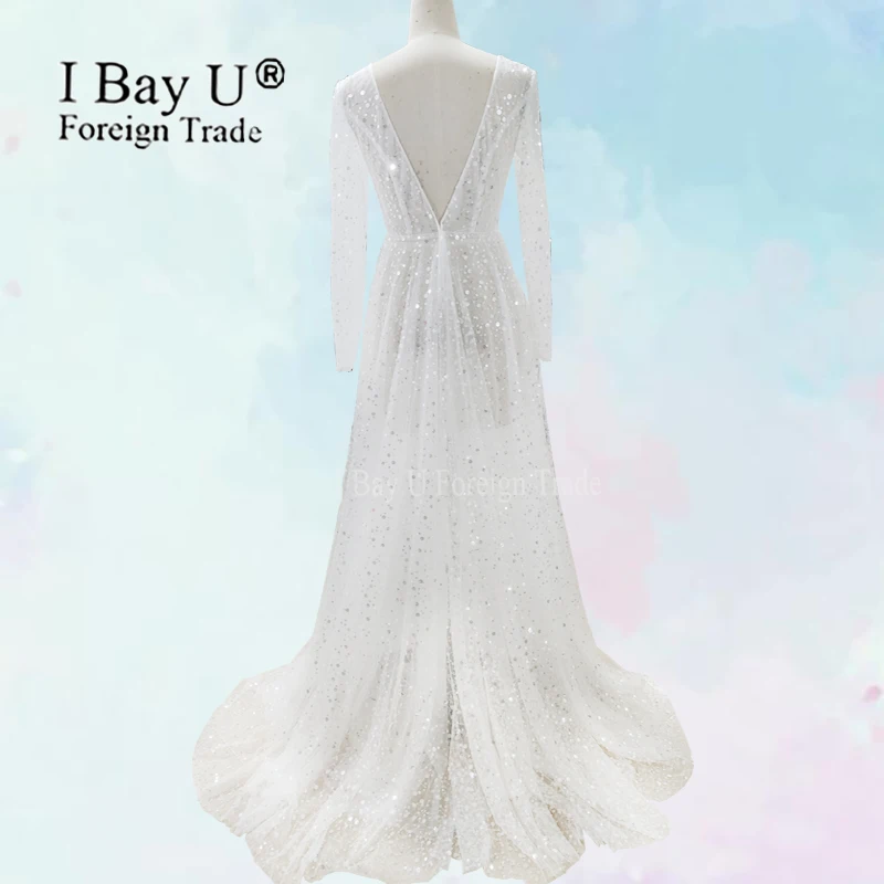 Real Photos Sparkly Sequins Long Sleeves Wedding Dress 2019 V Back Sexy Formal Bridal Gowns Custom Made