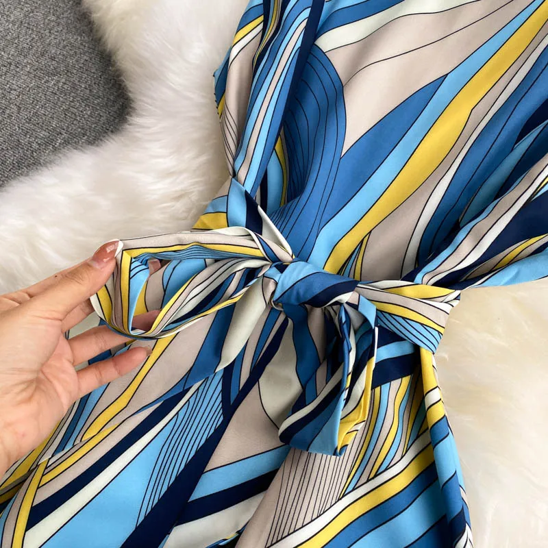 Mixi-elegante vestido de oficina para mujer, moda de verano, estampado azul, sin mangas, 2021