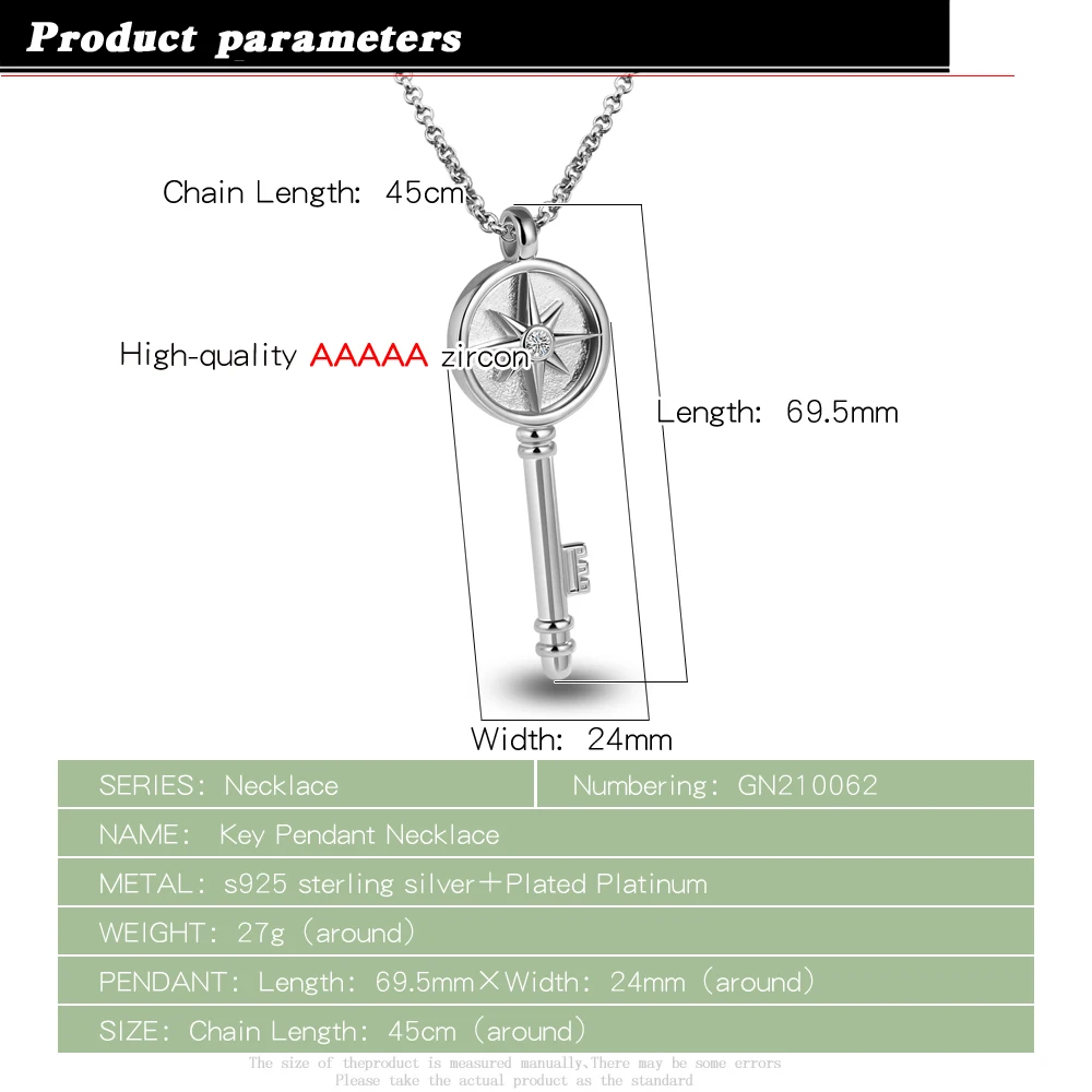100% 925 Genuine Sterling Silver Women’s Necklace Classic Key Pendant Long Chain 45-70CM Exquisite Jewelry with Gift Box | Украшения и