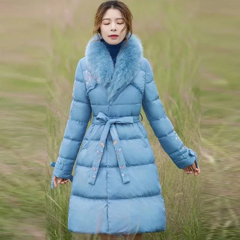 

Женское пуховое пальто, зимнее, с кружевами и вышивкой, с ремнем, F2329