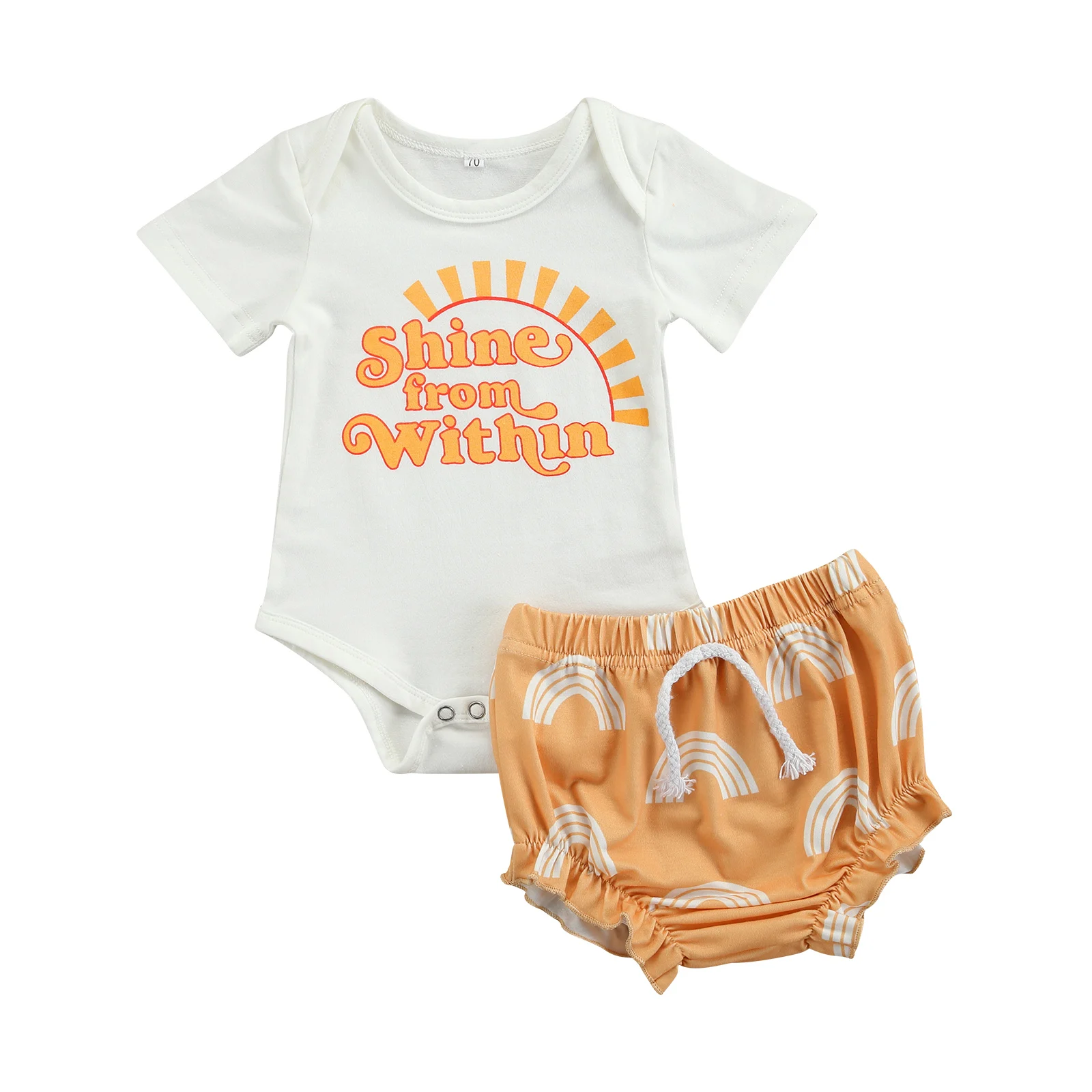 

Летний детский комбинезон с коротким рукавом и круглым вырезом и принтом радуги