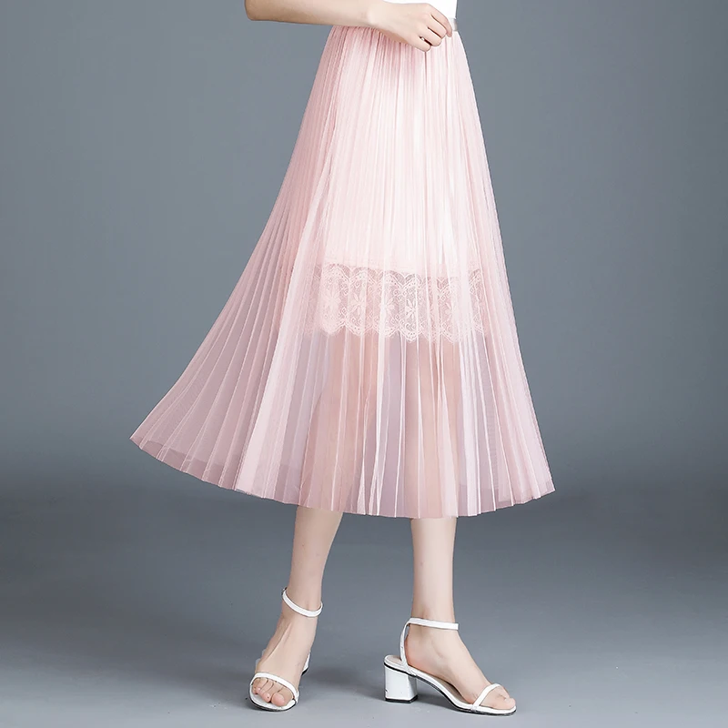 

Женская плиссированная юбка, розовая Двухслойная юбка средней длины из сетчатой ткани с высокой эластичной талией, весна-осень