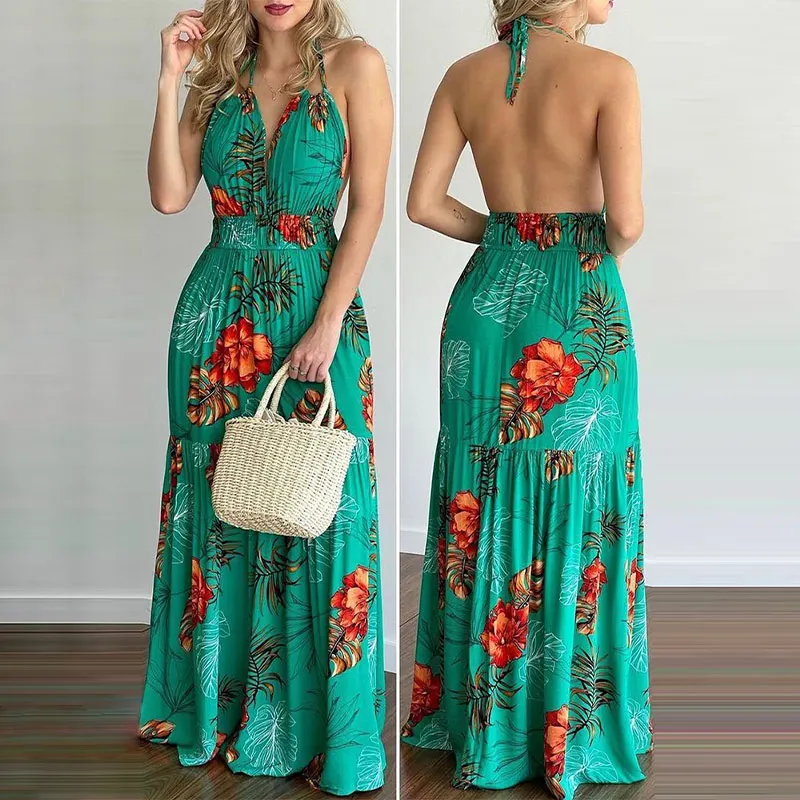

Women's Floral Print Halter Neck Long Dress Sleeveless Backless Female Sexy Maxi Dress 2021 Summer Ladies Beach Party Vestido