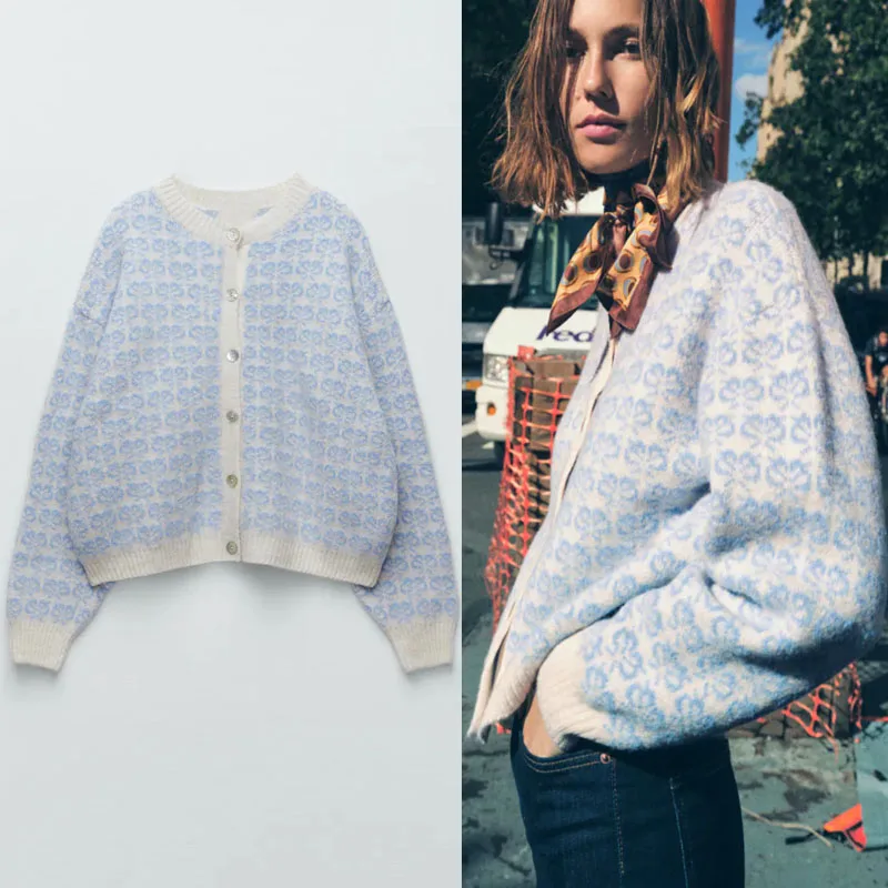 

Женский жаккардовый кардиган Za, синий вязаный свитер на пуговицах спереди с длинным рукавом, винтажная модель 2021