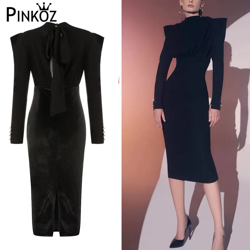 Женское бархатное платье-миди с открытой спиной и воротником-стойкой - купить по