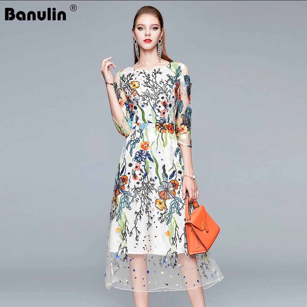 2020 Summer Embroidery Party Dress Runway Floral Bohemian Flower Embroidered Beach Boho Mesh Dresses For Women Vestido