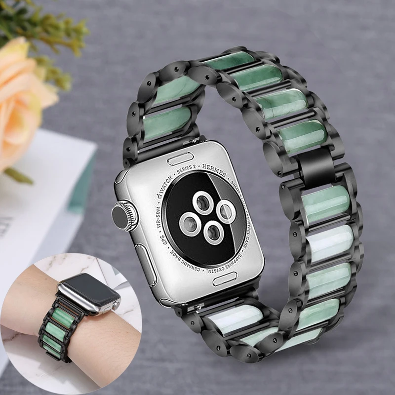 Изумрудный нефрит ремешок для Apple Watch 38/42 мм из нержавеющей стали correa наручных