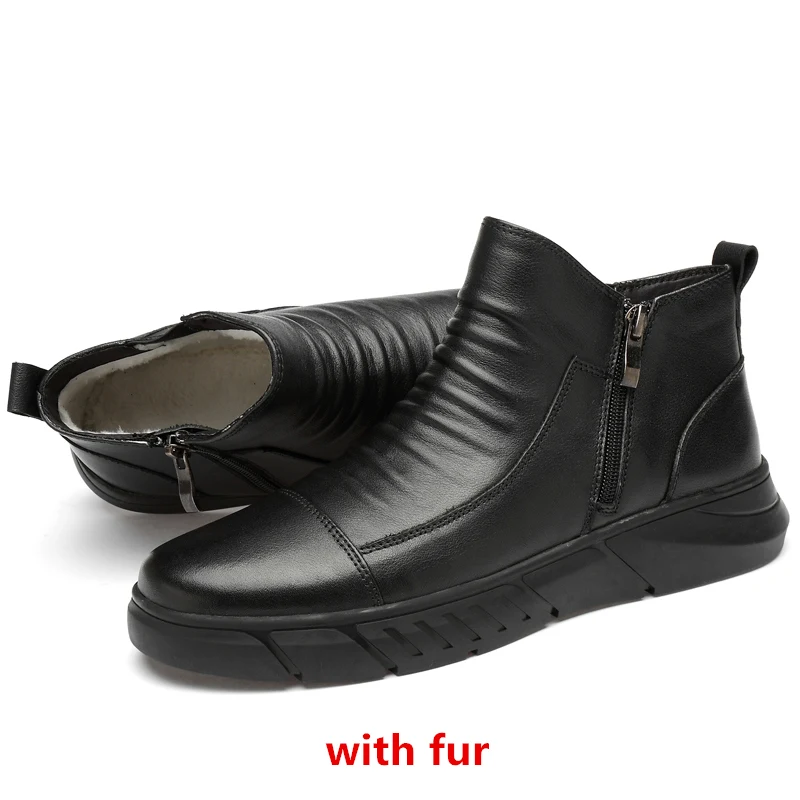 black fur Дышащие уличные ботильоны из натуральной коровьей кожи мужская обувь плюшевые теплые зимние ботинки на молнии размеры 38-46, Прямая a4 - Цвет: black fur