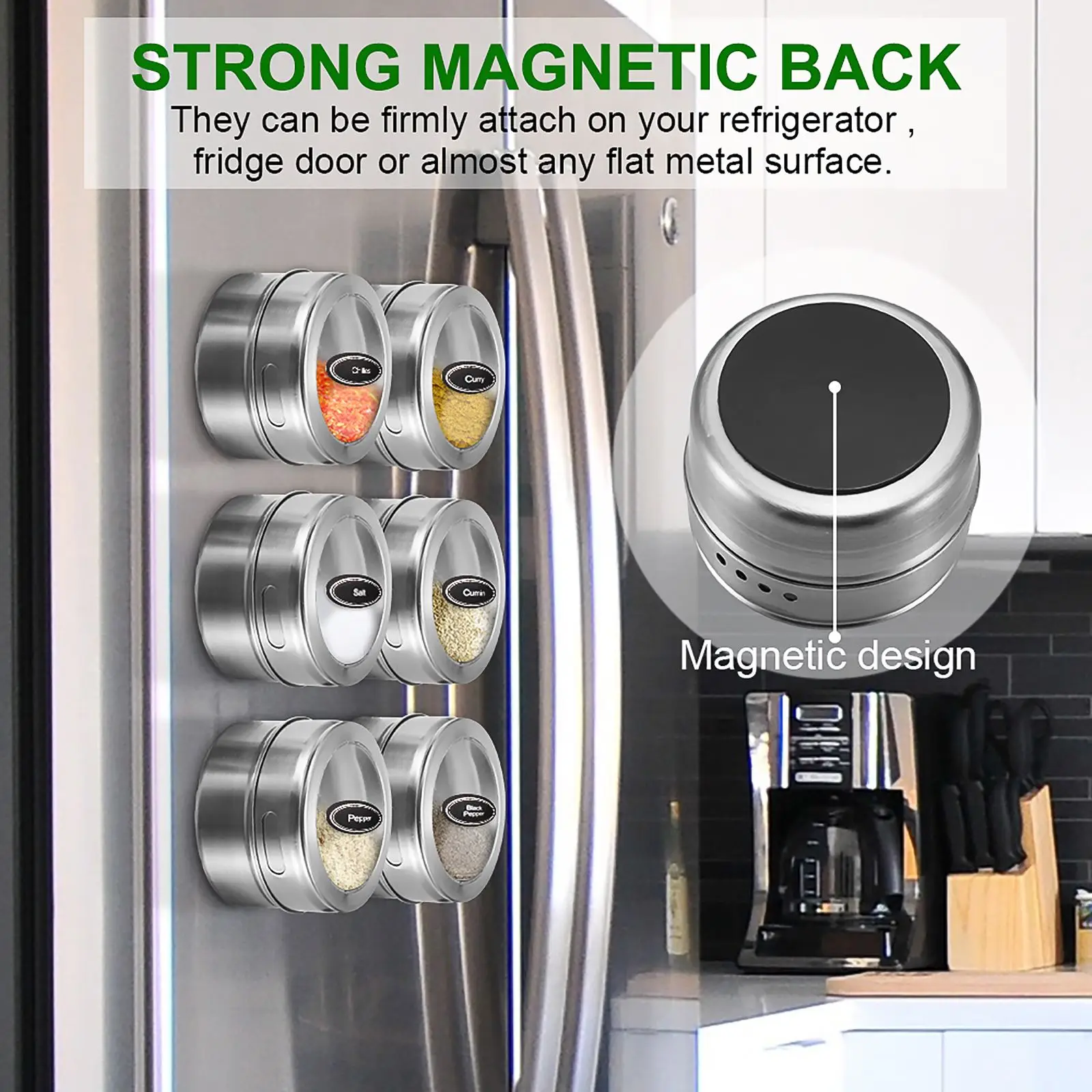 

6PCS Magnetic Spice Jars Stainless Steel Spice Tins Seasoning Containers Salt Pepper Seasoning Sprays Tools Condiment Organizer