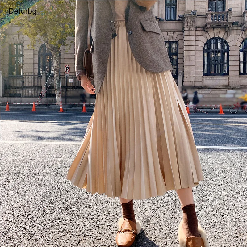 

Women's Vintage Pleated Midi Solid Skirt Korean Fashion Female High Waist Twill A-Line Suits Skirts Jupe Femme 2021 Winter Sk978