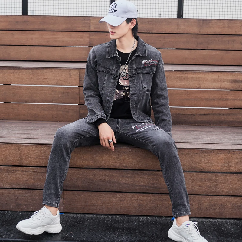 Мужской джинсовый костюм из двух предметов Повседневная хлопковая куртка с