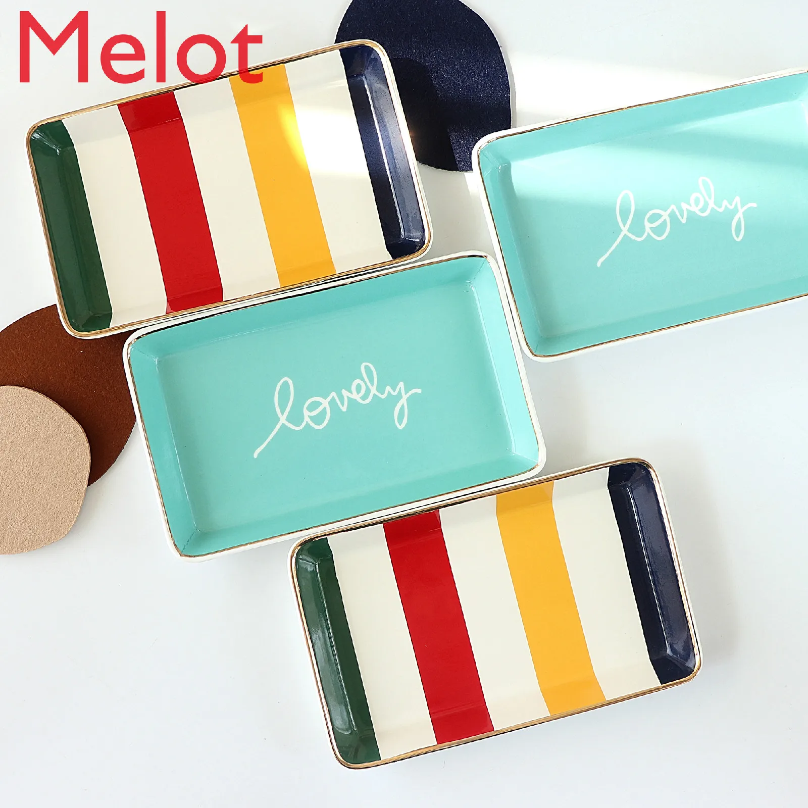 

Hand-Painted Personalized Creative Five-Color RainbowXuan Ya Contrast Color 24K Gold Rectangular Decorative Tray Storage Tray