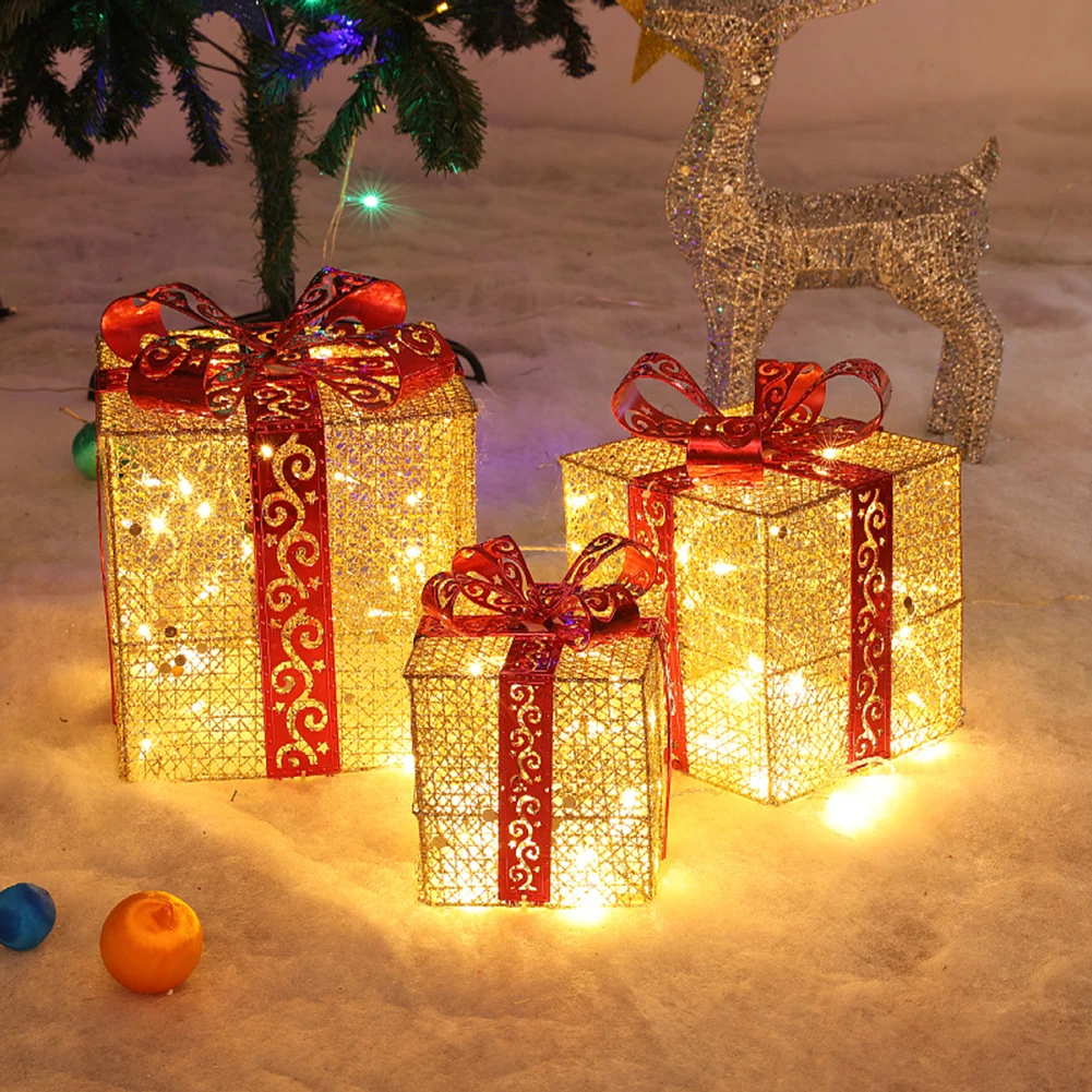 

3Pcs 15/20/25cm LED Lights Christmas Bow-knot Gift Box Lighting Cube Box With Pine Cones Home Christmas Tree Decorations Lamps