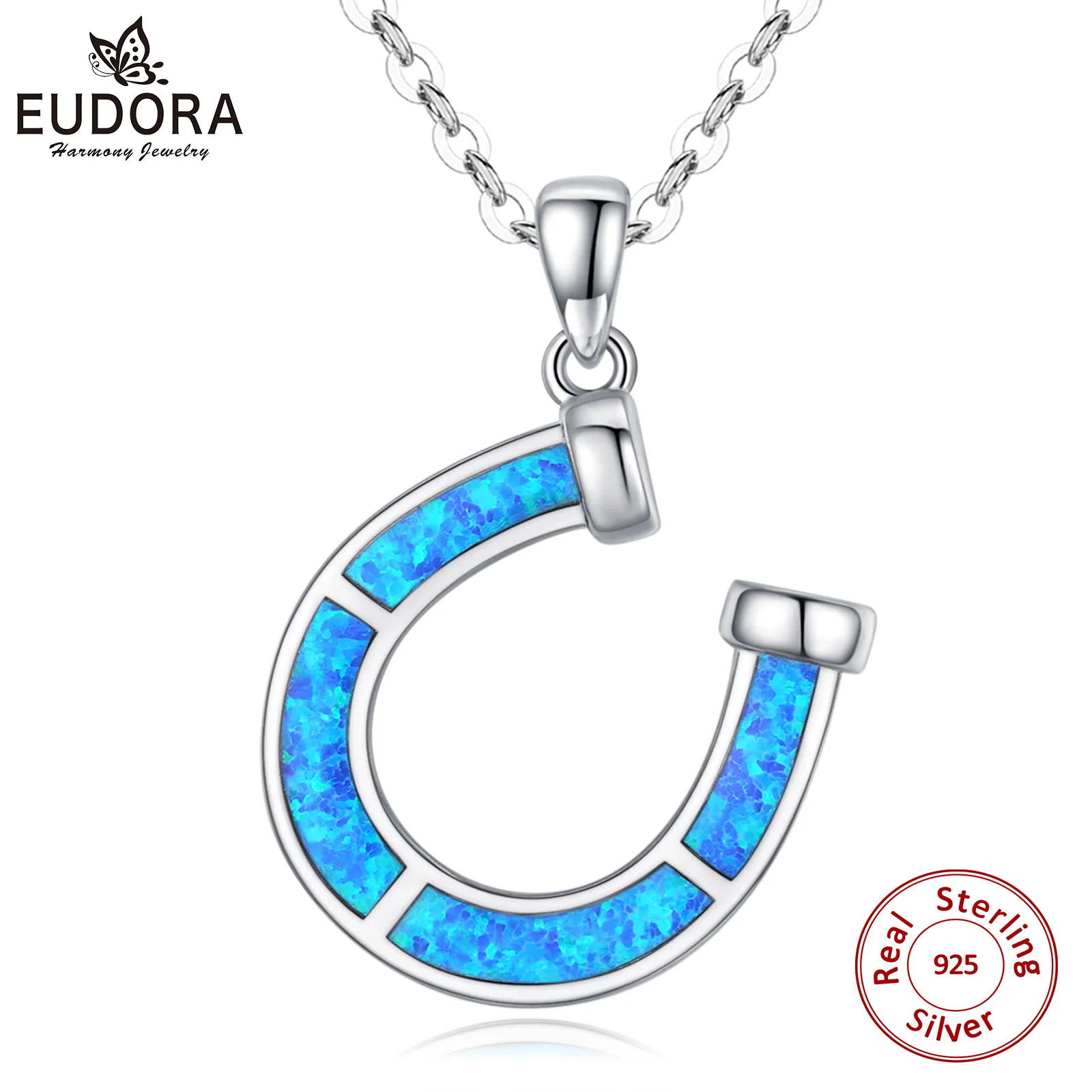 EUDORA 100% Стерлинговое Серебро 925 пробы синяя подкова подвеска опал ожерелье