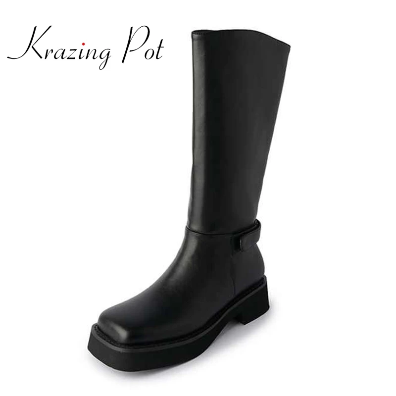 

krazing pot superstar recommend cow leather square toe thick bottom riding boots punk style black classic thigh high boots L30