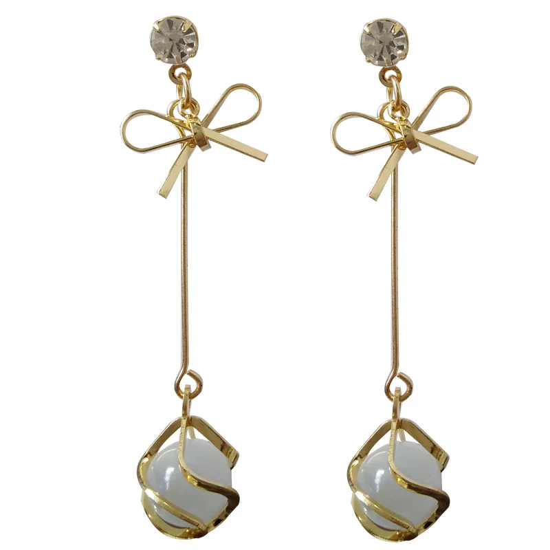 

S925 needle Modern Jewelry Ball Drop Earring Sweet Korean Temperament Crystal Clear Metal Golden Color Bowknot Earrings For Girl