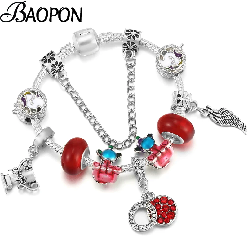 Милый посеребренный браслет с бусинами в виде единорога перьями Подвесные