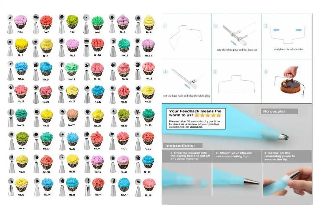 

Baking Tools 73 Pcs Set 1 Cake Turntable 48 Small Nozzle 11 Pastry Bag 1 Silicone Pen 2 Spatula 3 Scraper 1 Cake Divider Etc.