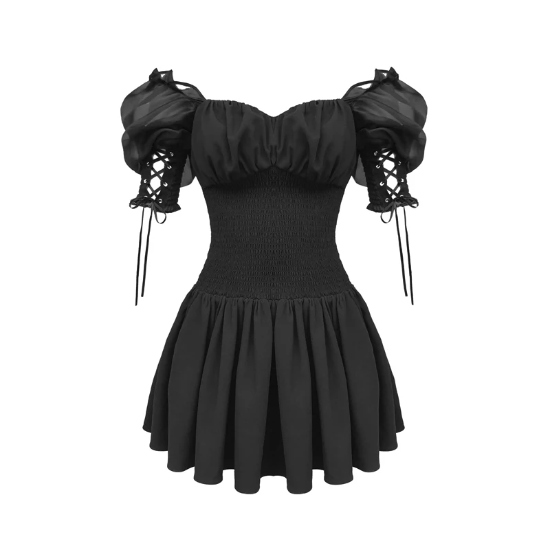 

Gothic Puff Sleeve Lace Up Hollow Out Vintage Party Dresses Women High Waist V-neck Punk Club Mini Dress Female Clothes
