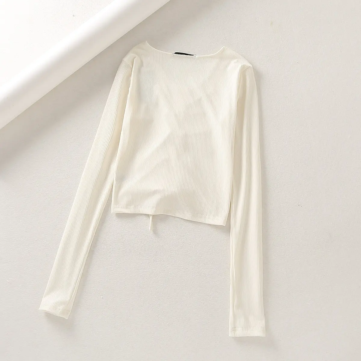 

2019 vintage drawstring sexy crop top women tops and blouses streetwear korean ribbed long sleeve white blouse women shirts cute