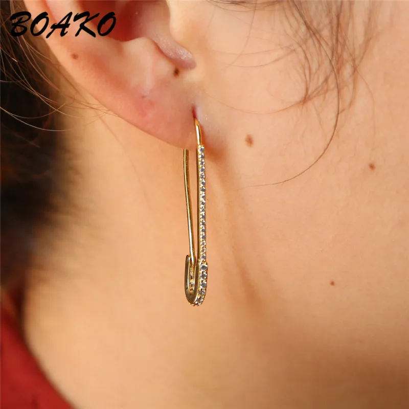 

BOAKO Unique Paperclip Safety Pin Stud Earrings For Women Hip Hop Rock Punk Zircon CZ Stone Earings Fashion Jewelry Female Gifts