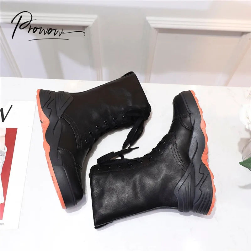 

Prowow Fashion Style Black Genuine Leather Gladiator Lace Up Women Winter Boots Round Toe Flat Autumn Ankle Boots Shoes Women