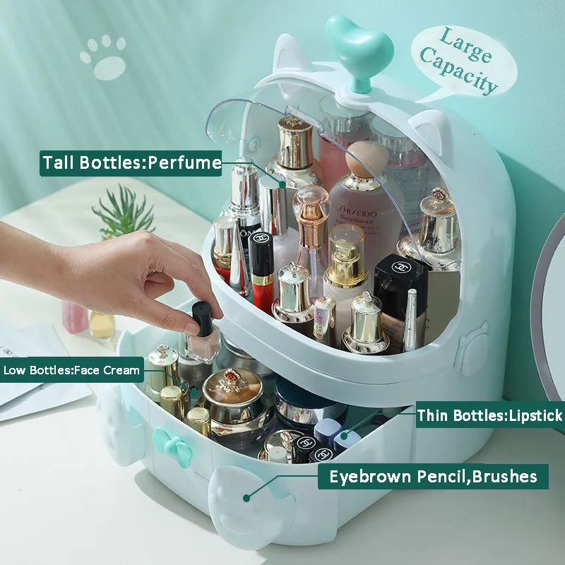 Plastic Makeup Storage Box Cat Shape Transparent Cosmetic Organizer Dustproof Waterprooof Desktop Beauty Home | Дом и сад