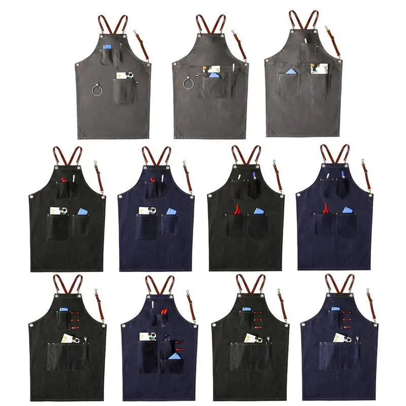 

2019 Fashion Denim Work Aprons BBQ Bib Pu Leather Strap Gray Apron For Woman Man Barista Barber Restaurant Apron Working Logo