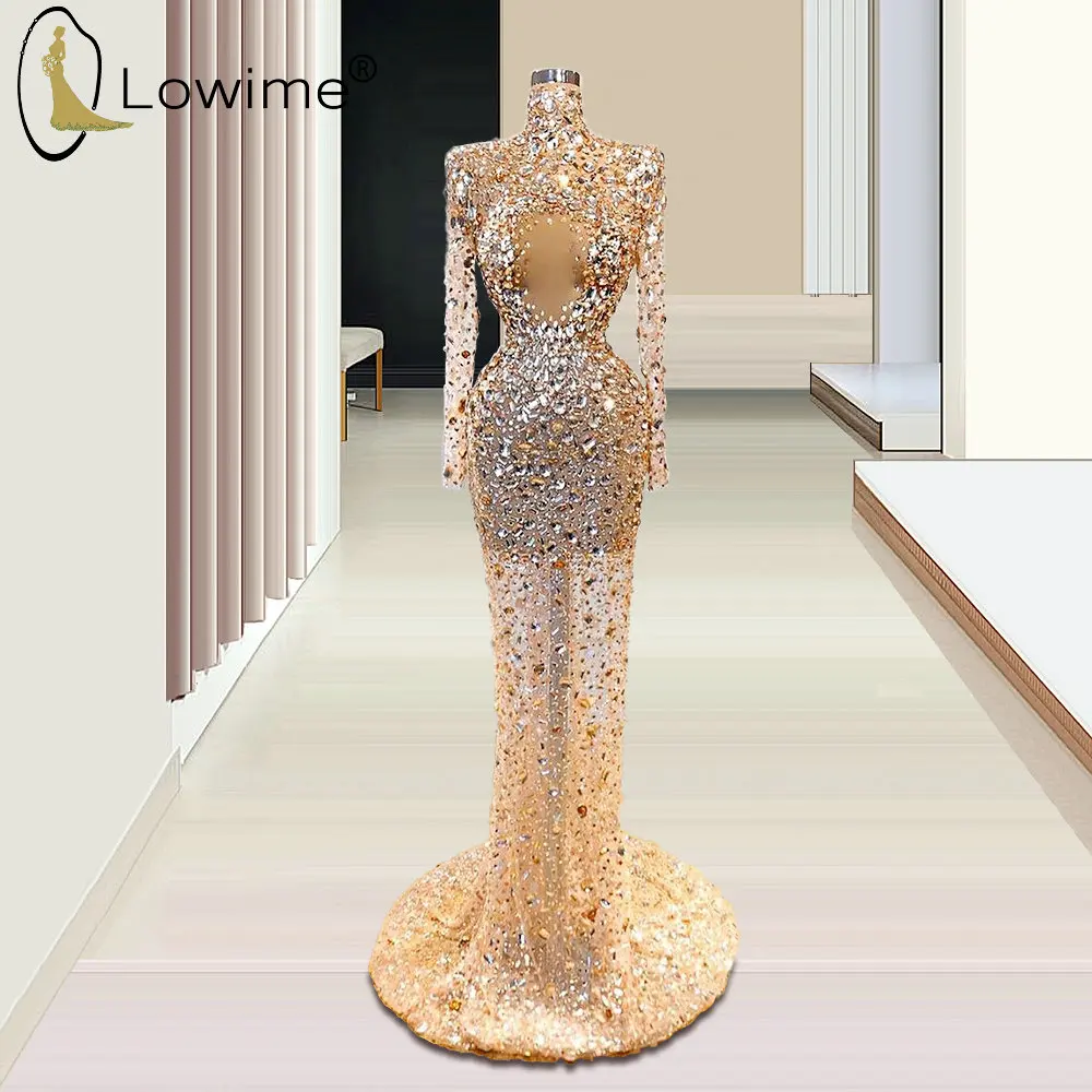 

Arabic Style Rose Gold Long Sleeve Evening Dresses with High Neck Mermaid Formal Dress for Party 2020 Long Robes