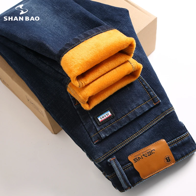 

Зимние брендовые джинсы SHAN BAO 2021, плотные теплые узкие брюки-карандаш, Классические трендовые мужские облегающие эластичные джинсы высоког...
