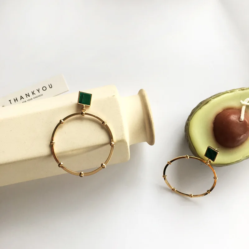 S925 металлические геометрические большие круглые серьги с иглой крупные зеленые