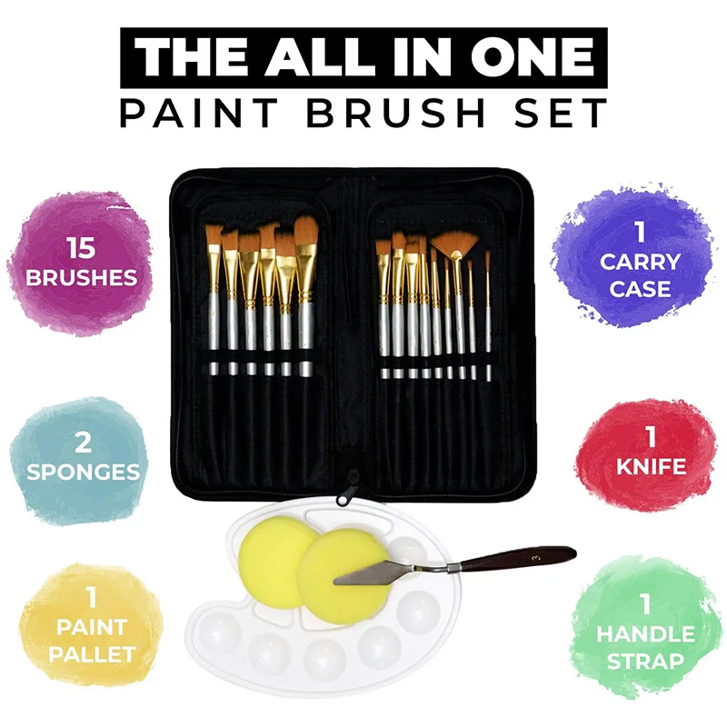 

Paint Brush Set - 19 Pcs Includes Palette Knife 2 Sponges and Paint Palette Different Shapes Size Paint Brushes