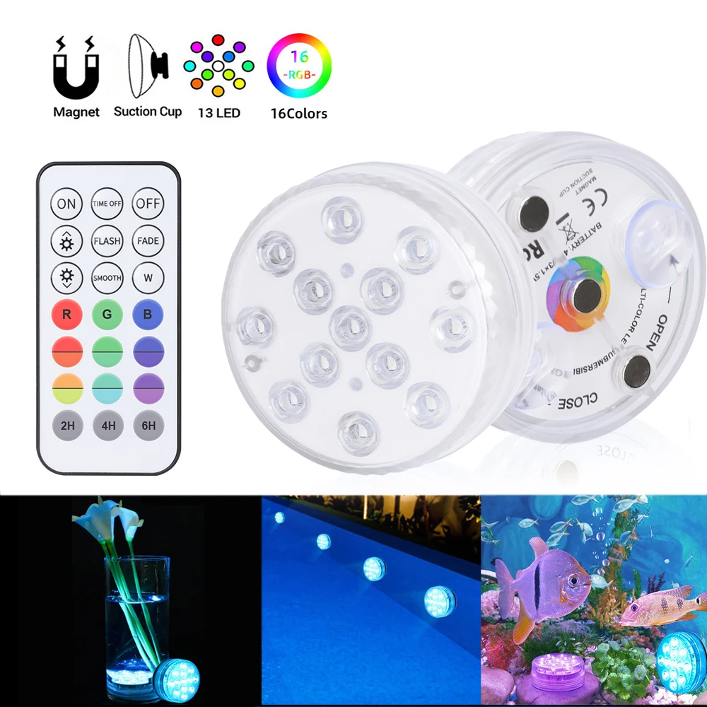 

13 Led Remote Control 16 colors RGB Submersible Light IP68 Battery Operated Underwater Night Lamp Outdoor Vase Bowl Garden Party