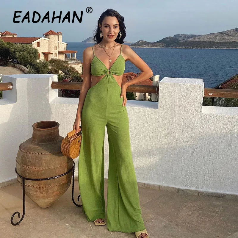 

EADAHAN 2021 летний вязаный Облегающий комбинезон для отпуска женский сексуальный зеленый с вырезами на бретельках Топ с широкими штанинами нов...