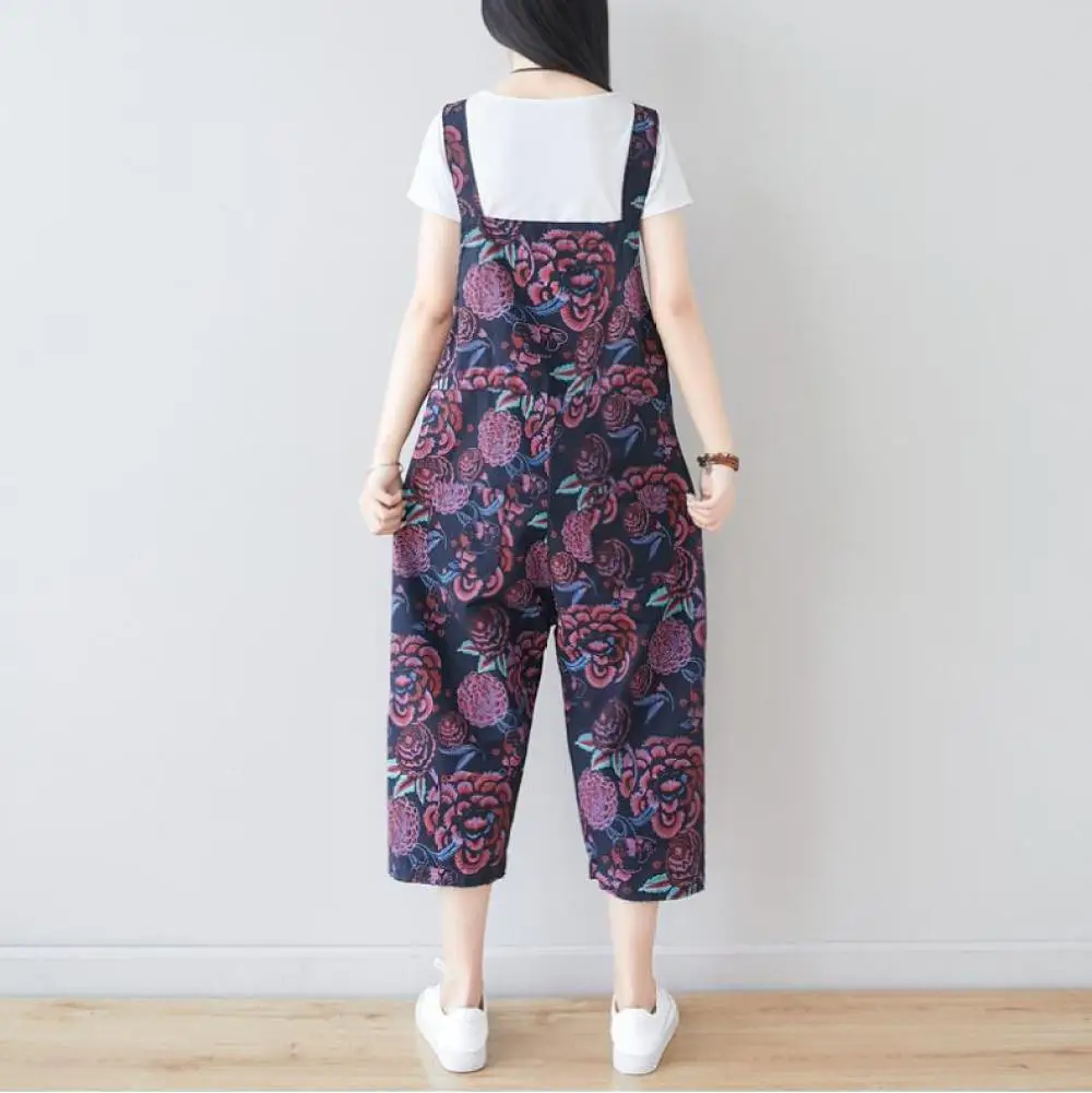 Literary Womens Fashion Floral Print Seven-point Jumpsuit National Style New Adjustable Cotton Linen Loose Trousers
